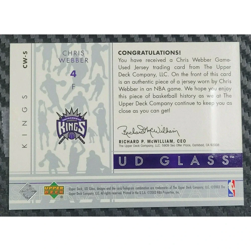 2002-03 UD GLASS CHRIS‎ WEBBER SUPERLATIVE SWATCH GAME USED JERSEY KINGS